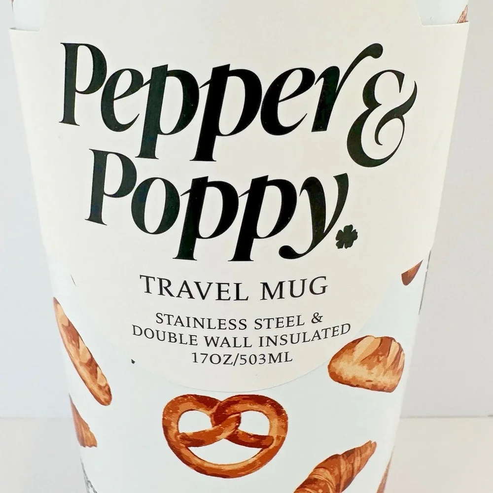 Pepper & Poppy Travel Mug 17oz Stainless Steel Insulated Bread Pretzel